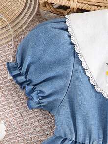 女婴可爱优雅花卉刺绣彼得潘领牛仔泡泡袖连衣裙 - 藍色 - 查看 6