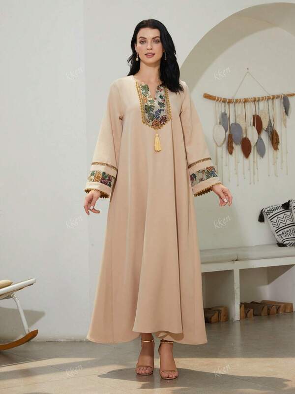 Women's Elegant V-Neck Lace Embroidered Long Sleeve Kaftan Dress