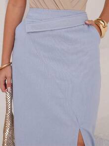Linen Midi Skirt With Detailed Yoke, Functional Pockets And Charming Slit - 淺藍色 - 查看 5