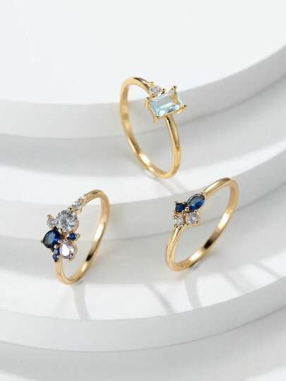 3pcs Vintage Palace Style Navy Blue & Gold Color Ring Set, Wedding Jewelry, Bridesmaid Gift