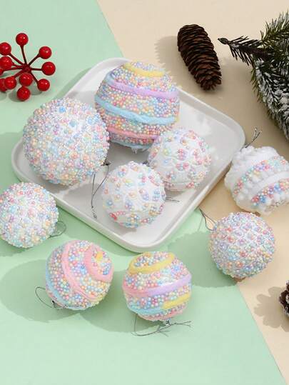 9pcs/16pcs Pastel Beaded Christmas Ball Ornaments - Cute Colorful Xmas Tree Decor Set