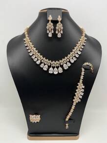 Set de bijuterii de lux cu 4 bucăți pentru femei, colier, cercei, inel, brățară cu zirconiu verde și roz încrustat cu cupru, set de bijuterii de mireasă, cadou de Ziua Îndrăgostiților pentru prietenă