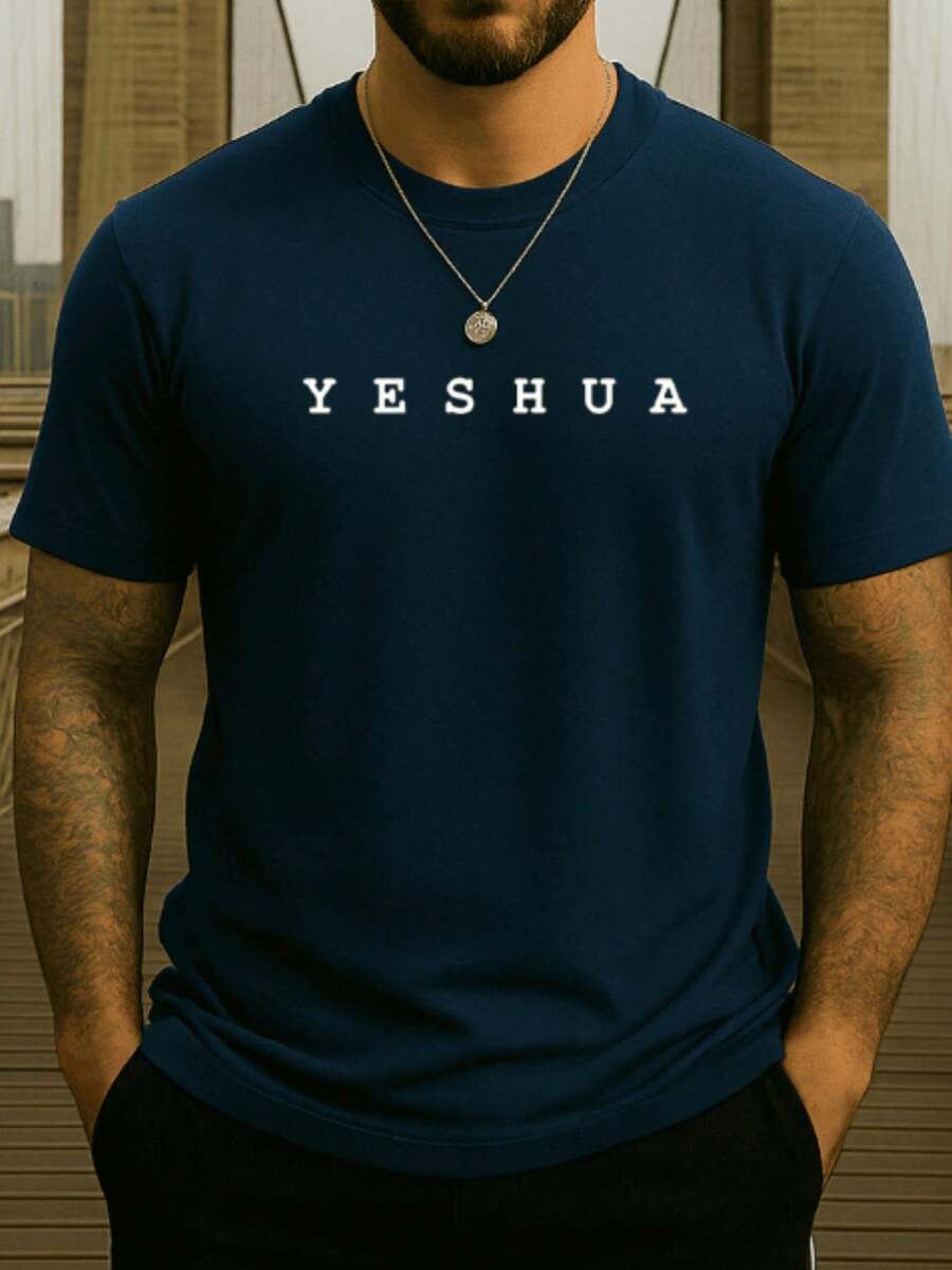 Camiseta Masculina Cristã Gola Redonda Com Estampa de Yeshua Algodão Premium 30.1 Camisa - Azul Marinho - Visão 1