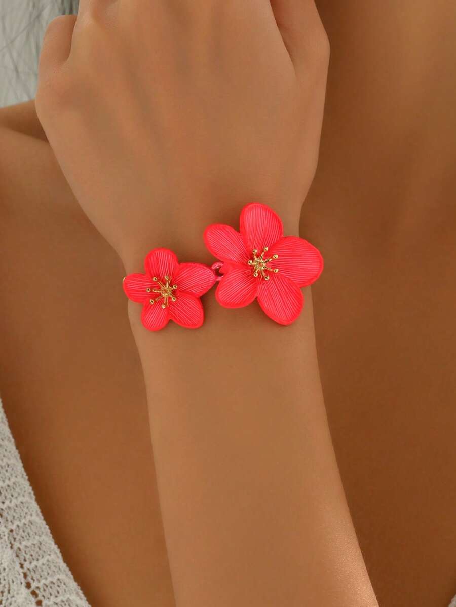 1 件可调节粉色花朵手链，女士优雅奢华设计，百搭花卉珠宝，适合日常佩戴、海滩、派对、送给家人和朋友的礼物 - 彩色 - 查看 1