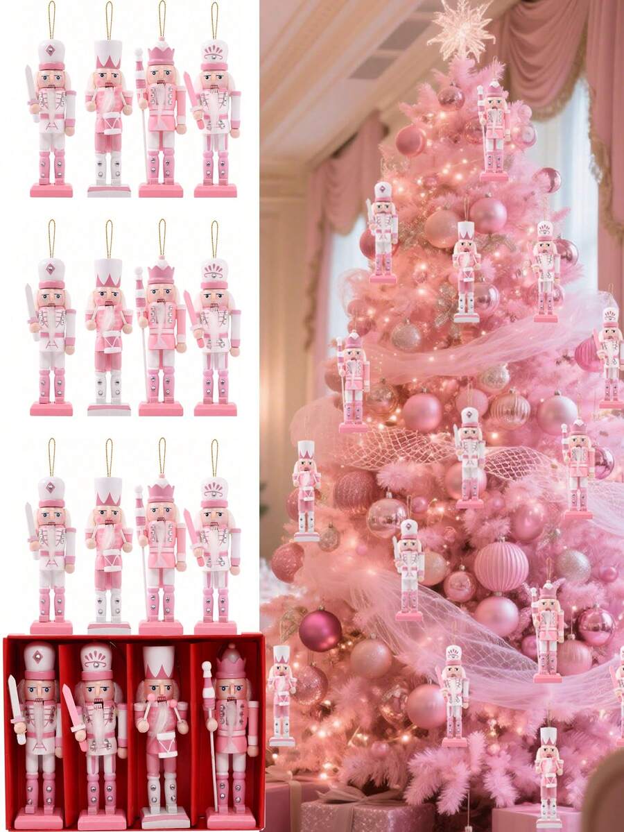 Bộ 4 món - Đồ trang trí cây thông Noel hình lính chì màu hồng, Đồ trang trí cây thông Noel, Đồ trang trí nhà cửa, Bộ đồ trang trí lính chì Giáng sinh lấp lánh màu hồng, Đồ trang trí lính chì bằng gỗ, Đồ trang trí Giáng sinh, Búp bê tượng nhỏ, Đồ trang trí nhà cửa - Hồng - Xem 1