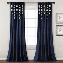LUSH DECOR Boho Pom Pom Tassel Linen Window Curtain Panel Navy Single 52X84 Halloween-Fall Decor-Room Decor - Hải quân - Xem 3