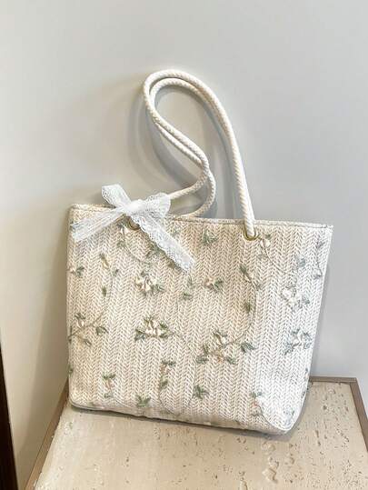 女士百搭纯色草编托特包，时尚大容量编织腋下包，波西米亚风格小雏菊装饰单肩包，轻便日常通勤购物沙滩包，精致夏季旅行度假手提包