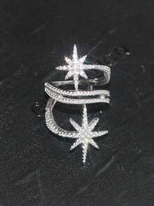 1pc Women's Fashion Personalized Ring, Multi-Layer Geometric Exquisite Sparkling Zirconia Ring, Luxury High-End Ladies Ring For Party And Banquet - Silver - View 3