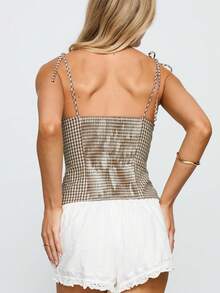 Women Plaid Tie Strap Top Check Print Slim Camisole Cute Lace Trim Scoop Neck Crop Tops Spaghetti Strap Button Tank Tops Shirts For Summer Streetwear - 卡其色 - 查看 2