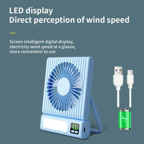 1 PIEZA Ventilador de escritorio recargable de 1200mAh - Ventilador portátil de 5 velocidades con viento potente, funcionamiento silencioso, diseño cuadrado, carga USB y luz nocturna LED (2 niveles de brillo). Ideal para el hogar, la oficina, el coche y el uso al aire libre