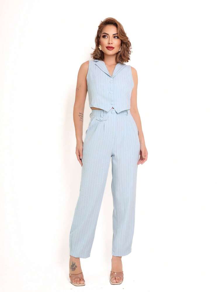 Women's Two-Piece Set With Striped Vest And Pants - 淺藍色 - 查看 2