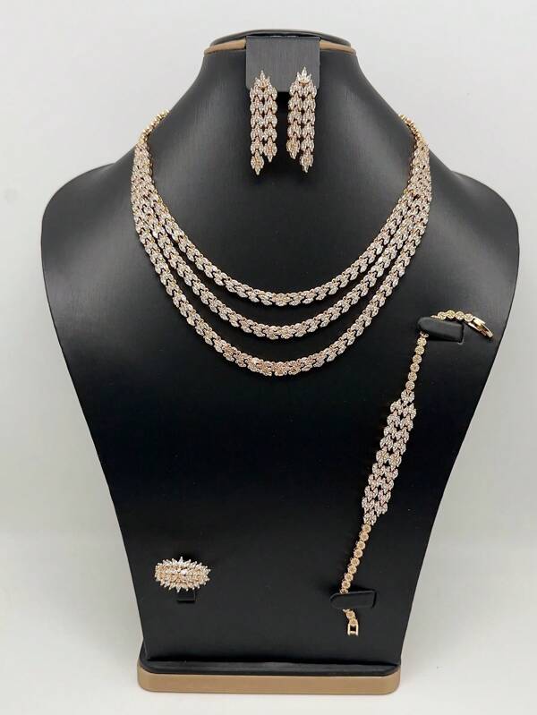 5pcs Luxury Multi-Layer Necklace Jewelry Set, Material: Copper, Zirconia, Includes Necklace, Ring, Earrings, Bracelet, Suitable For Ladies Party, Wedding, As Gift For Middle East, Europe And America, Valentine's Day