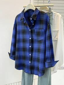 Women's Simple Plaid Print Long Sleeve Shirt, Suitable For Summer, Autumn And Spring - Blue - View 2