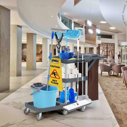 Commercial Janitorial Cleaning Cart,  Housekeeping Caddy With Cover, Shelves And Vinyl Bag, Housekeeping Organizer On Wheels