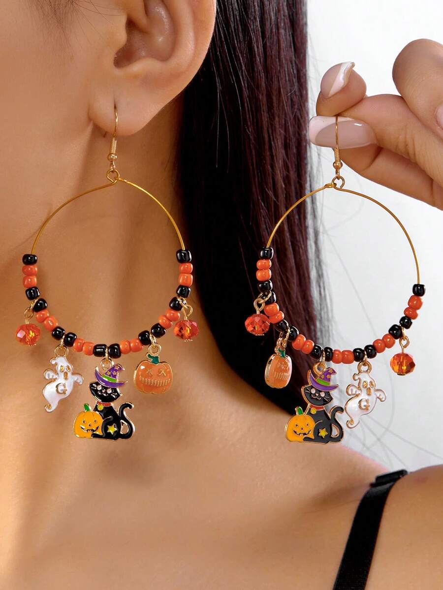 1 对彩色串珠万圣节猫南瓜鬼水晶珠耳环
