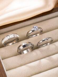4pcs Fashionable Luxury Roman Numeral & Geometric Rhinestone Stainless Steel Ring Set, Suitable For Women's Daily Wear Jewelry - Ring Set - View 9