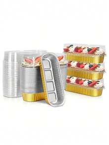 25 件情人节红色迷你烤盘带盖铝箔小面包盘锡架，矩形烤杯松饼罐，小模子松饼杯适用于迷你蛋糕面包 - 红色 - 紅色 - 查看 6