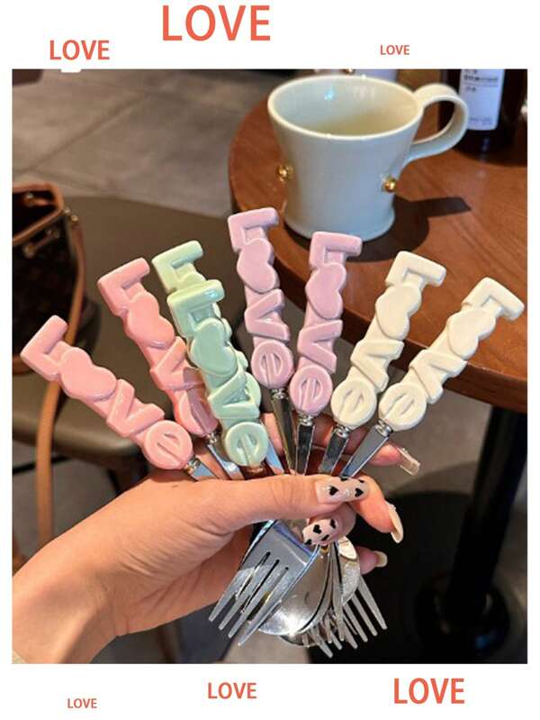 Two Sets Of Love Stainless Steel Forks And Spoons, Couple Forks And Spoons, Baby Feeding Spoons, Salad And Fruit Forks, Household Forks And Spoons, Girls' Gifts.
