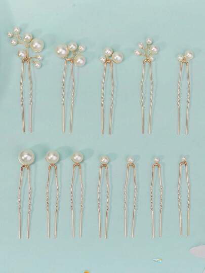 12pcs/Set Vintage Baroque Large Pearl Hair Forks, Bridal Hair Clips, Hair Combs, Hair Accessories, European Design Wedding Hair Decor Set