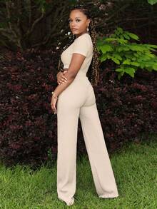 Steph T New Casual Basic Sports Style Spring And Summer Round Neck Short-Sleeved Truncated T-Shirt + Wide-Leg Super Long Pants Rose Red Striped Texture Knitted Fabric Women's Two Pieces Set-I