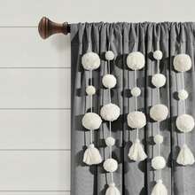 LUSH DECOR Boho Pom Pom Tassel Linen Window Curtain Panel Navy Single 52X84 Halloween-Fall Decor-Room Decor - Dark Gray - 查看 4