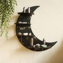 Crescent Moon Wooden Staircase Crystal Candle Holder Wall Decor, Minimalist Home Decor Craft - Black - View 2