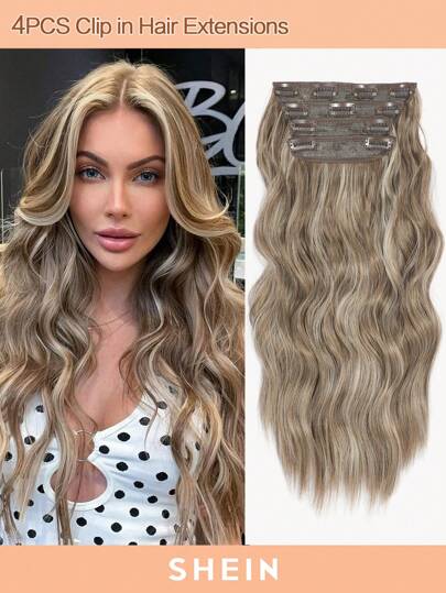 4PCS Clip in Hair Extensions 20inch Wavy Hair Extensions Clip ins Ash Brown with Golden Highlights Hair Extensions Full Head Synthetic Hair Pieces for Women Natural Luster