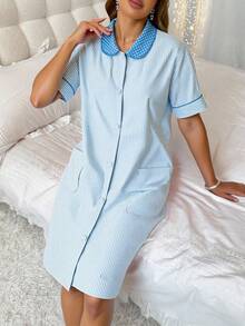 Bata Camisón de dormir a rayas con cuello redondo estampado y bolsillos - vestido de dormir vestido de pijama bata de dormir vestido de dormir camisón con botones - Azul - Ver 2