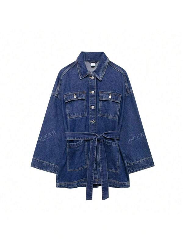 DEEKA Autumn New Women's Waist Tie Cinched Waist Lapel Single-Breasted Denim Jacket