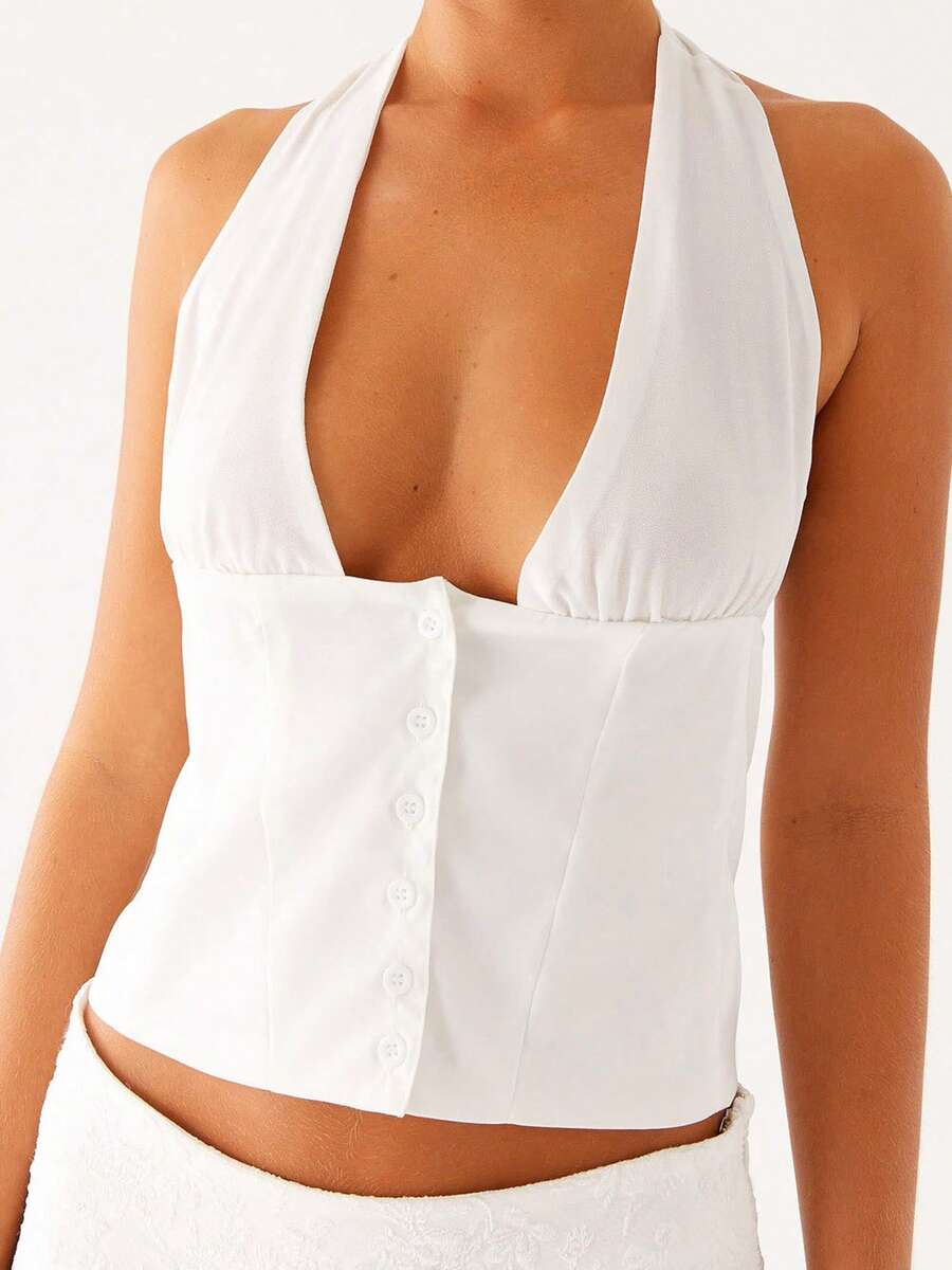 Women's Halter Neck Tank Tops Sleeveless Floral/Dots Print/Solid Color Slim Fit Button Down Tops Shirts - Ngà voi - Xem 1