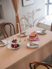 1 khăn trải bàn hình chữ nhật in họa tiết kẻ caro màu cam cho nhà bếp, khăn trải bàn ăn bằng vải lanh phong cách nông trại Bohemian của Mỹ có tua rua, miếng lót trang trí nhà cửa cho phòng ăn, nhà bếp, nhà hàng, tiệc tùng, mọi mùa - trái cam - Xem 7