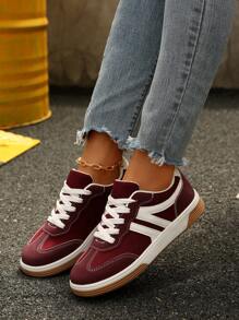 2025 Autumn Women's Color Block Patchwork Casual Sneakers, Fashionable And Versatile Flat Trainers, Suitable For Walking, Daily Commute Wear, Student Lace-Up Skate Shoes