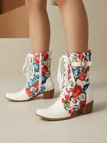 女士复古印花靴，方头粗跟系带舒适户外西部踝靴，秋冬 - 白色 - 查看 2