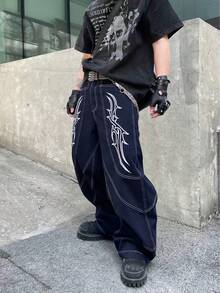 1pc Men's Vintage Washed Denim Jeans With Embroidered Thorn Design, Loose Fit Wide Leg Pants (Belt And Accessories Not Included) - Medium Wash - View 3