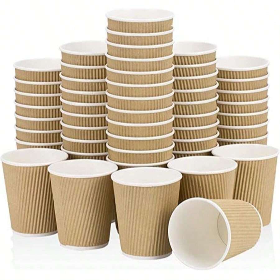 HOT BARGAINS, 100 X 12oz Disposable Kraft Paper Cups For Hot And Cold Drinks, Triple Walled Ripple Cups For Coffee, Tea & Other Hot And Cold Drinks - Coffee Brown - View 1