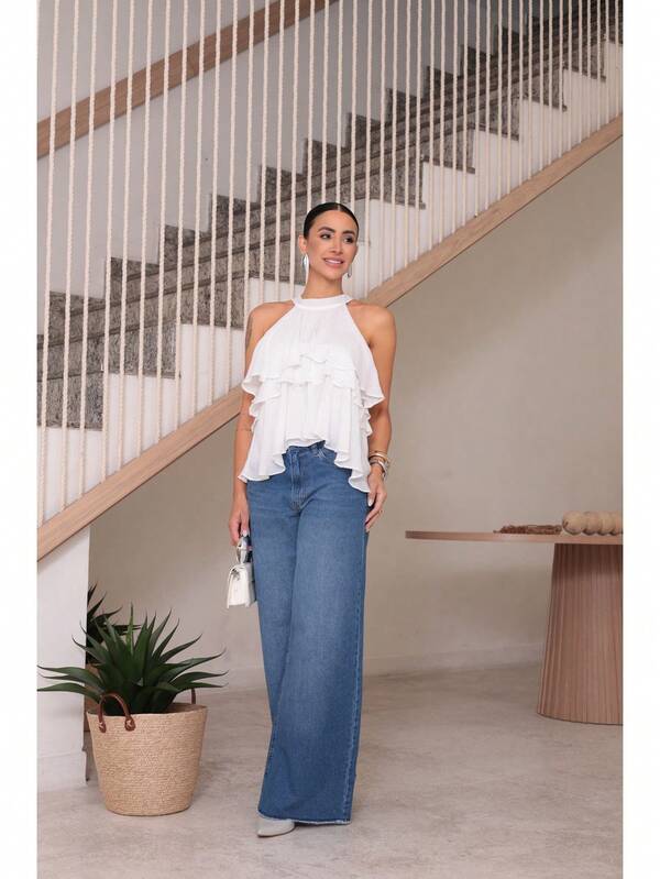 Lumini Jeans Calça jeans feminina casual, perna larga, longa, com detalhe de botão, tecido não elástico para um visual elegante e estiloso