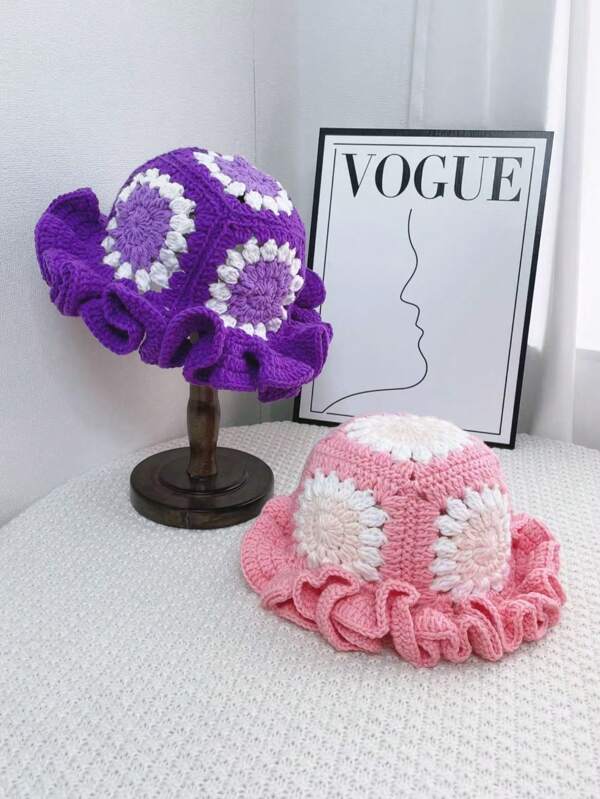 1pc Women's Handmade Crochet Colorful Wavy Lace Trim Vintage Hollow Out Personalized Beanie, Versatile Knitted Hat For Adults Autumn Accessories