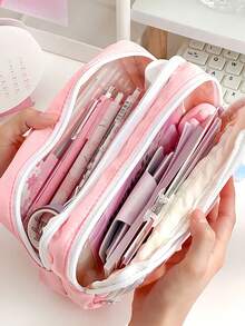 1pc Beige Pencil Case, Large Capacity 3-Compartment Storage Bag, Suitable For Office, School And Students - Multicolor - View 9