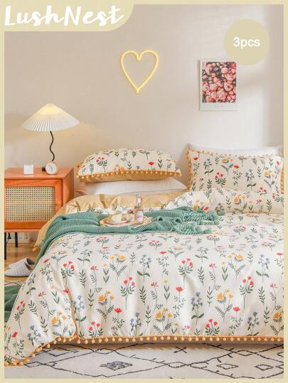 Floral Pom-Pom Duvet Cover Set, Available In Double/Queen/King Size, Farmhouse Style Bedding 3 Pieces Set, Ultra-Soft & Breathable Microfiber Duvet Cover, 1 Zipper Duvet Cover, 2 Pillow Shams, Duvet Insert Not Included, Gift For Her