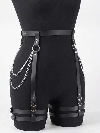 L1pcs Ladies Black Pu Leather Chain Belt Punk Fashion Bundle Garter Party Wear With Accessories Harness For Women
