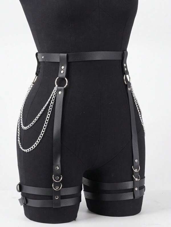 1pc Ladies Black Pu Leather Chain Belt Punk Fashion Bundle Garter Party Wear With Accessories