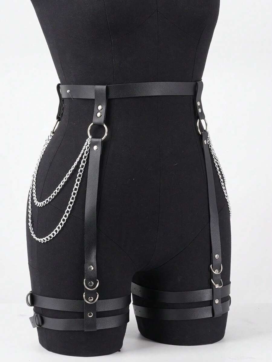 L1pcs Ladies Black Pu Leather Chain Belt Punk Fashion Bundle Garter Party Wear With Accessories Harness For Women