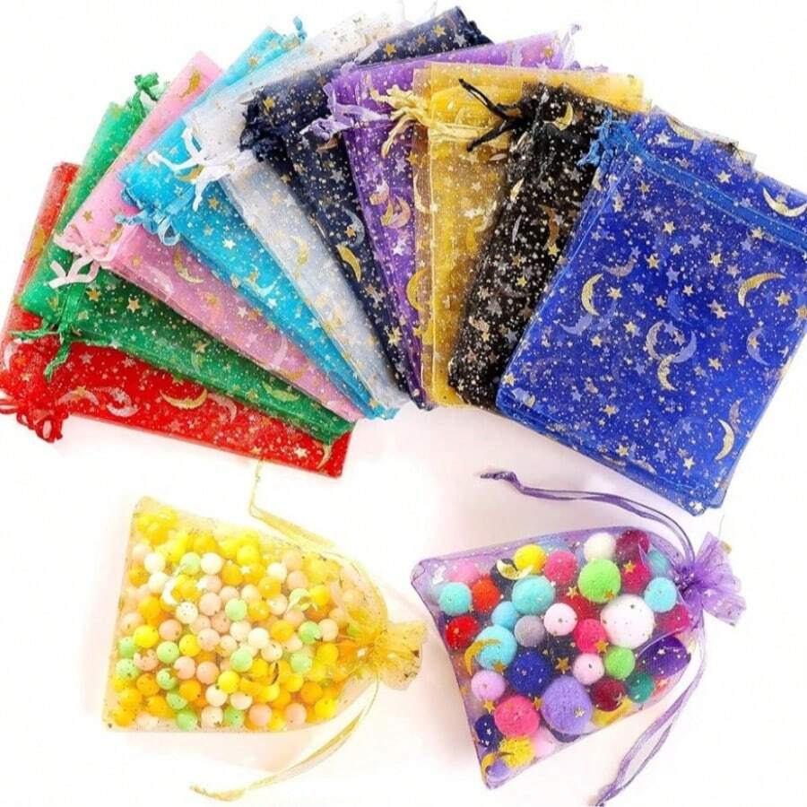 50 Pcs Moon Star Drawstring Organza Bags, Jewelry Gift Bags, Gold Star Organza Bags, Christmas Halloween Wedding Decorations, Gift Bags, Holiday Decorations - Multicolor - View 1