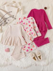 Young Girls 6pcs/Set Valentine's Day Heart Print Long Sleeve Round Neck Top + Skinny Fleece Pants Suit - Hot Pink - View 2