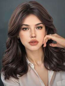 14英寸8字刘海齐肩卷发假发，黑棕色优雅合成耐热假发，音乐节女性礼物 - Black-brown - 查看 3