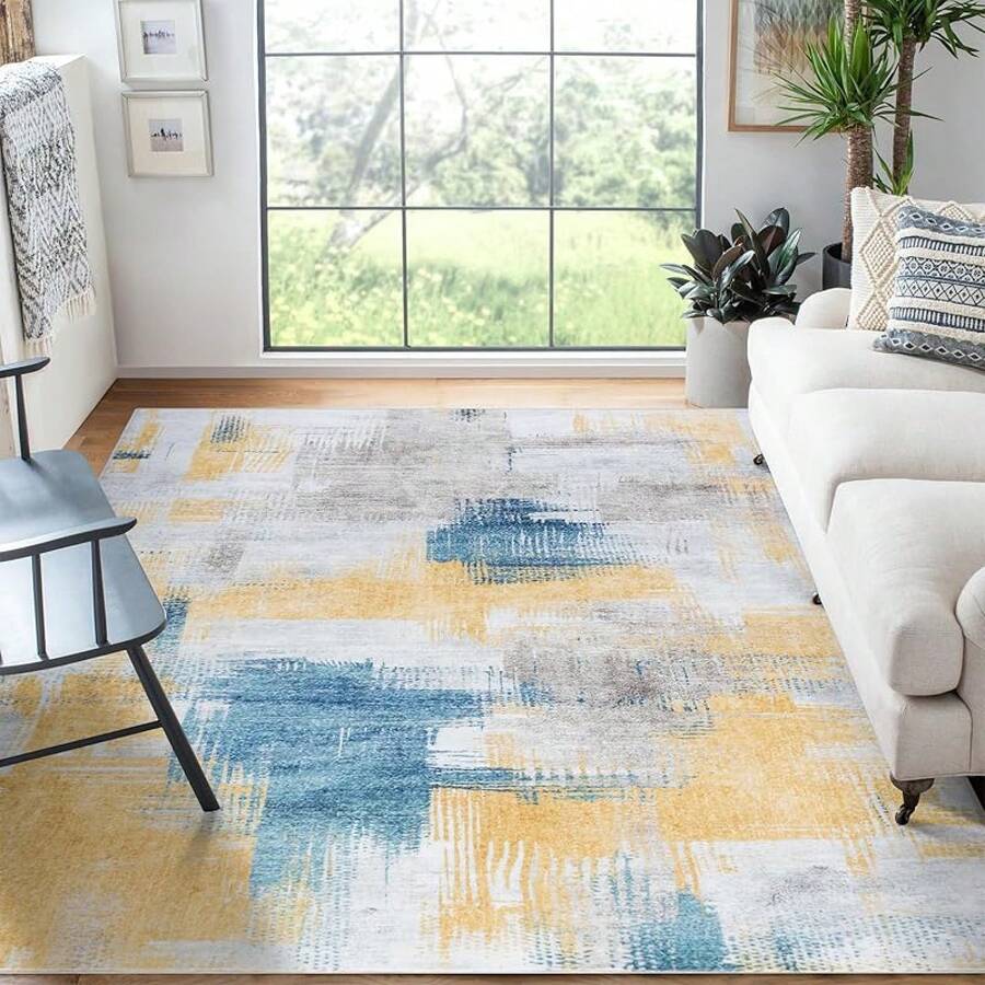 8x10 Washable Area Rug For Living Room, Grey Rug With Non Slip Backing, Low Pile Carpet For Bedroom, Dining Room, Grey Rug (8'x10') - 藍黃 - 查看 1