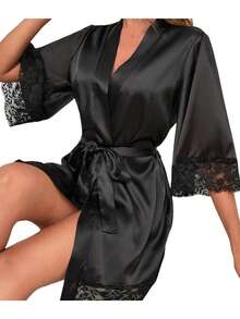 A Women's Solid Color Short-Sleeved Bathrobe, Suitable For Spring And Summer, Home Wear, Hotel Wear, Party Wear, Swimming Wear,Home Use,Weeding Season Short Dress Gown Initial Letter Robe, Morning Robe And Sleeping Robe,Bridal Party Prep Wear,Wedding - Black - View 3