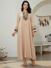 女士优雅V领蕾丝刺绣长袖卡夫坦连衣裙 - NC102 - 查看 7