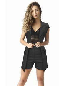 CONJUNTO SHORT Y CHALECO LARGO - Negro - Ver 3