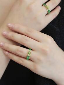 1pc Chinese Style Green Jade Inlaid Metal & Zirconia Ring, Fashionable High-End 18K Gold Band, Luxury & Versatile Gift For Women - Multicolor - View 3